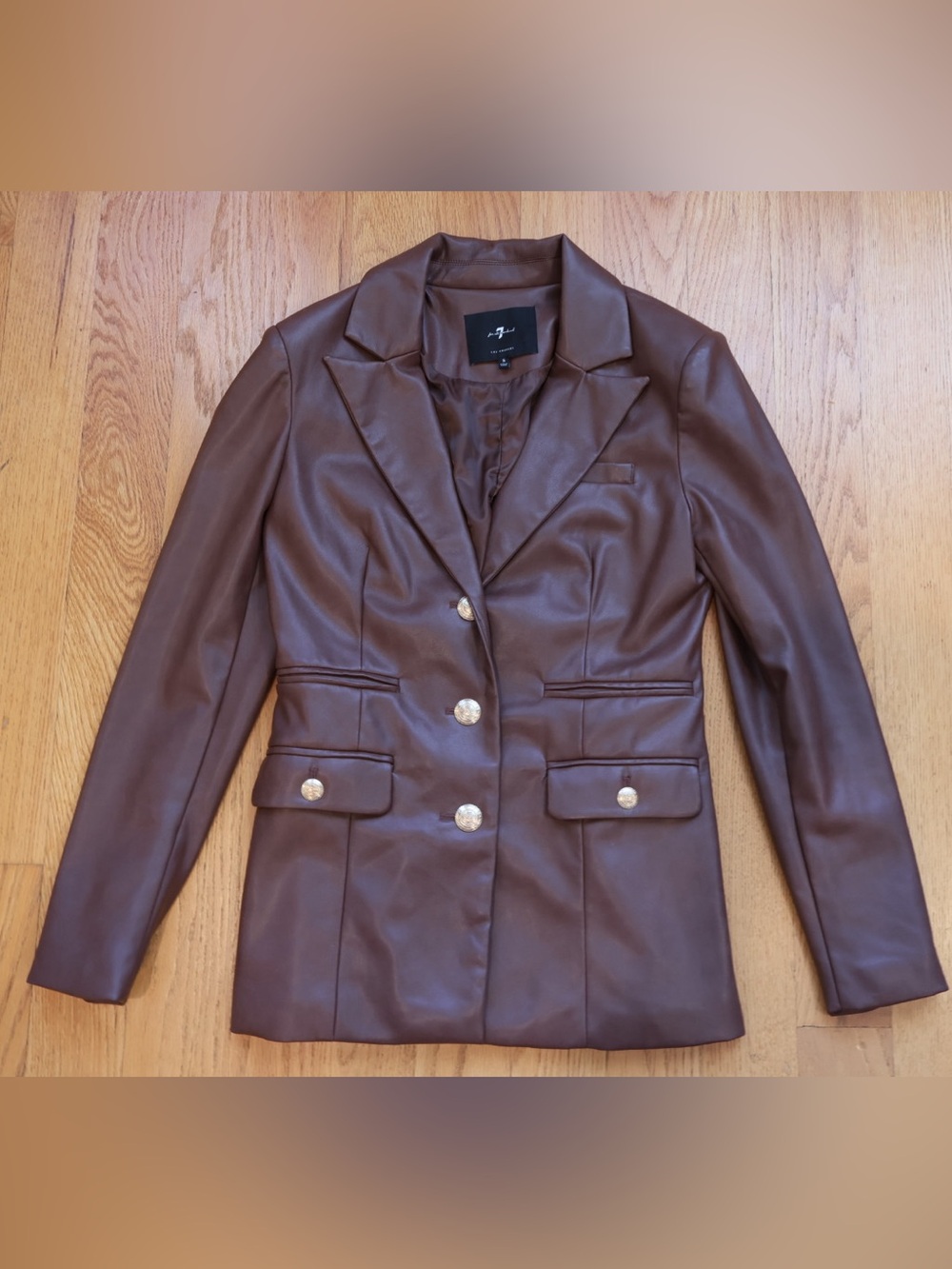 7 For All Mankind Brown Faux Leather Blazer with Gold Buttons